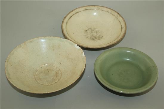 A Ding ware dish, a Yingqing bowl and a Longquan celadon dish, 12th - 15th century, 14cm